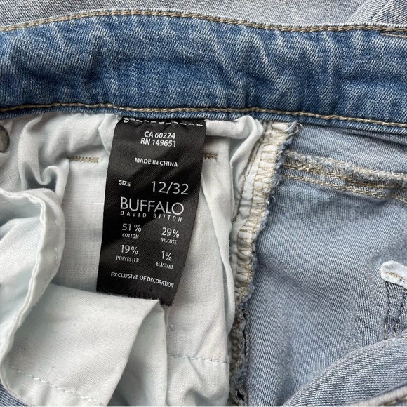 BUFFALO DAVID BITTON Rip & Repair Mid Rise Raw Hem Skinny Jeans in Light Blue - Picture 7 of 10